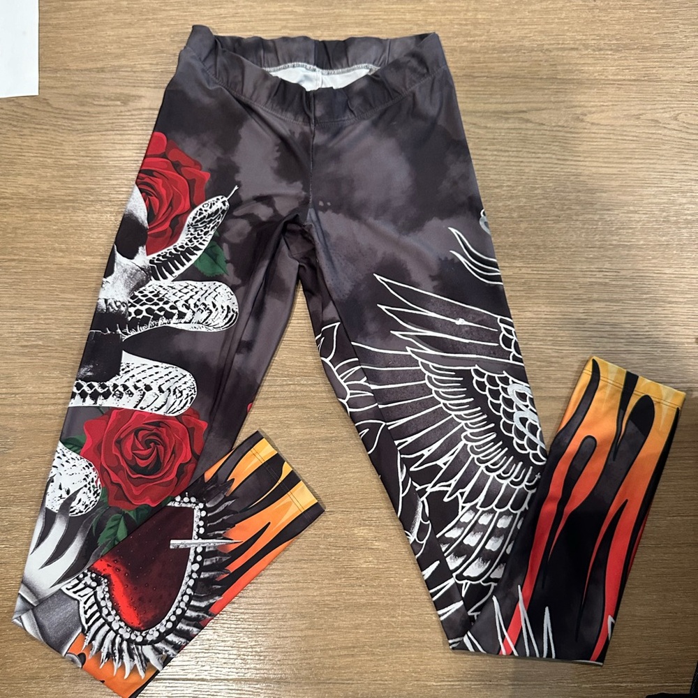 Edgy workout Leggings with Red Rose and Snake Design